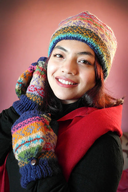 Womens Knit Winter Warm Pom Pom Beanie Hat Green blue and red - Vajracrafts