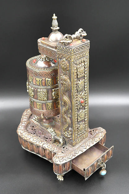 Tibetan Prayer Wheel with Eight Auspicious symbols in Stupa Frame - Vajracrafts