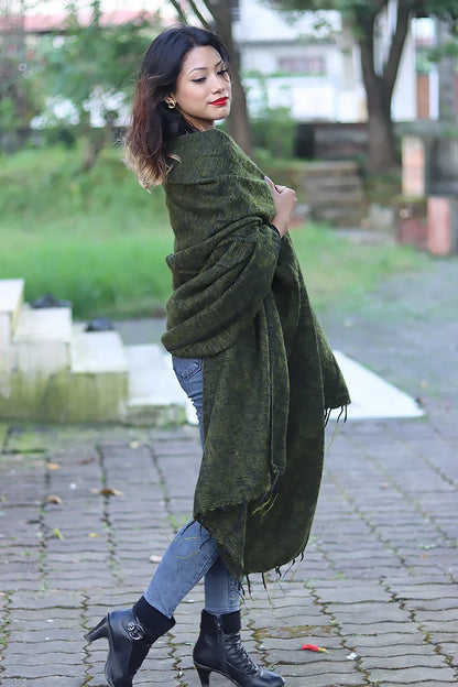 Handmade Himalayan Yak Wool Shawl Deep Forest Green - Vajracrafts