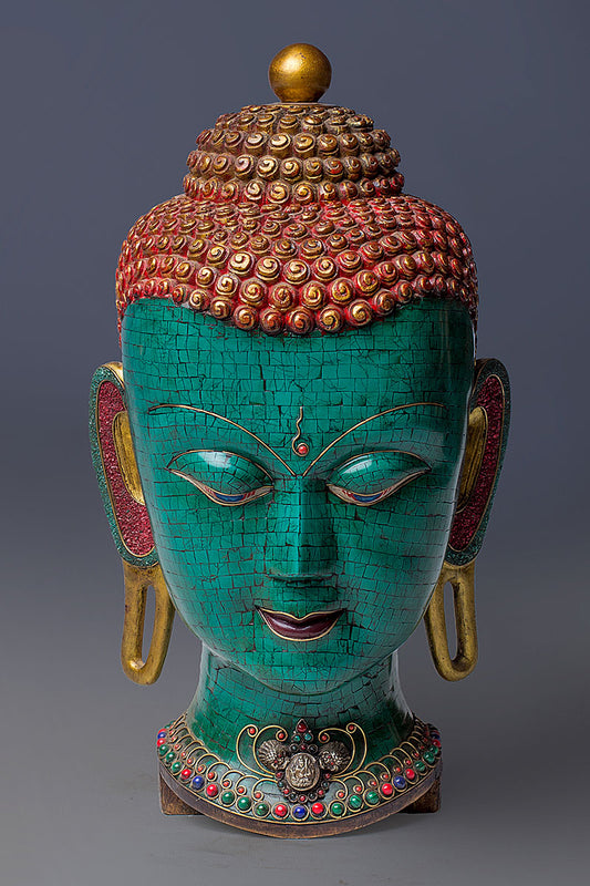 Artistic  Turquoise Inlaid Buddha Head Statue