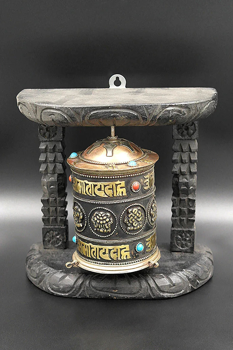 Eight Auspicious Symbols Buddhist Prayer Wheel in wooden frame - Vajracrafts
