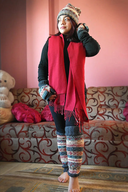 Grey Maroon and mixed colors woolen leg warmers - Vajracrafts