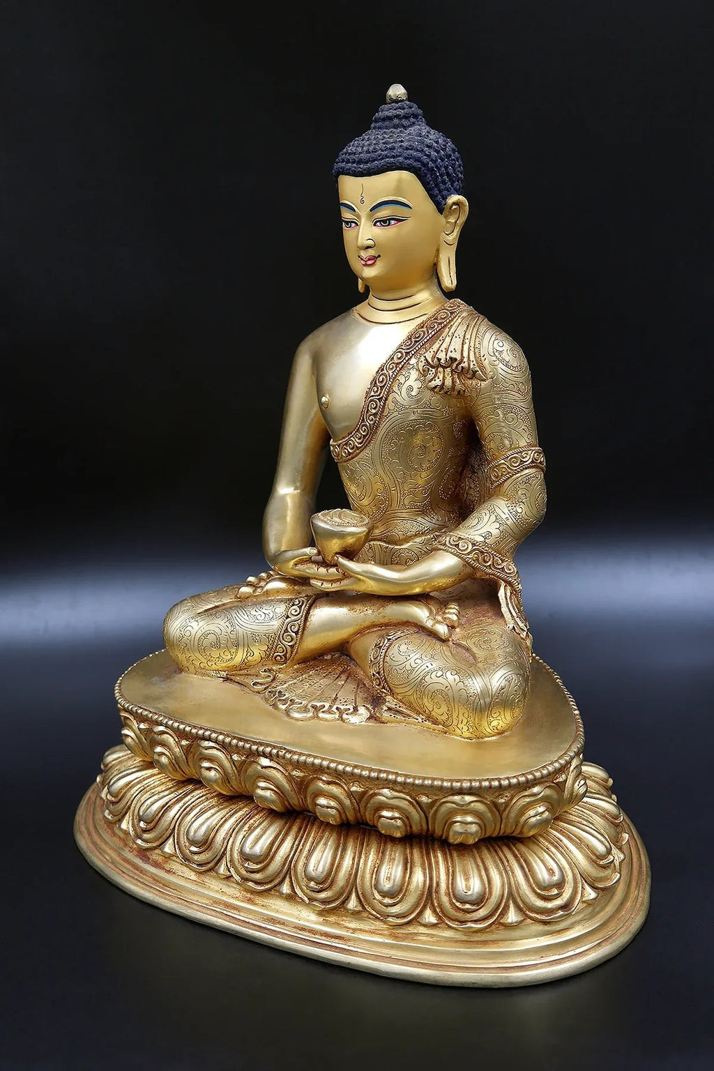 Floral Carved Amitabha Buddha Statue in double lotus 11" - Vajracrafts