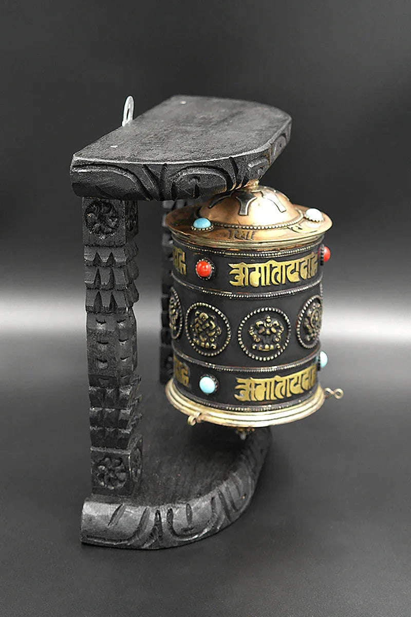 Eight Auspicious Symbols Buddhist Prayer Wheel in wooden frame - Vajracrafts