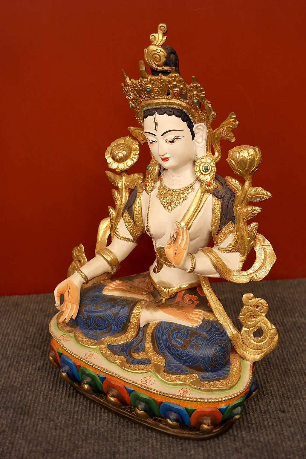 Hand Painted Tibetan Buddhist White Tara Statue, 13" - Vajracrafts
