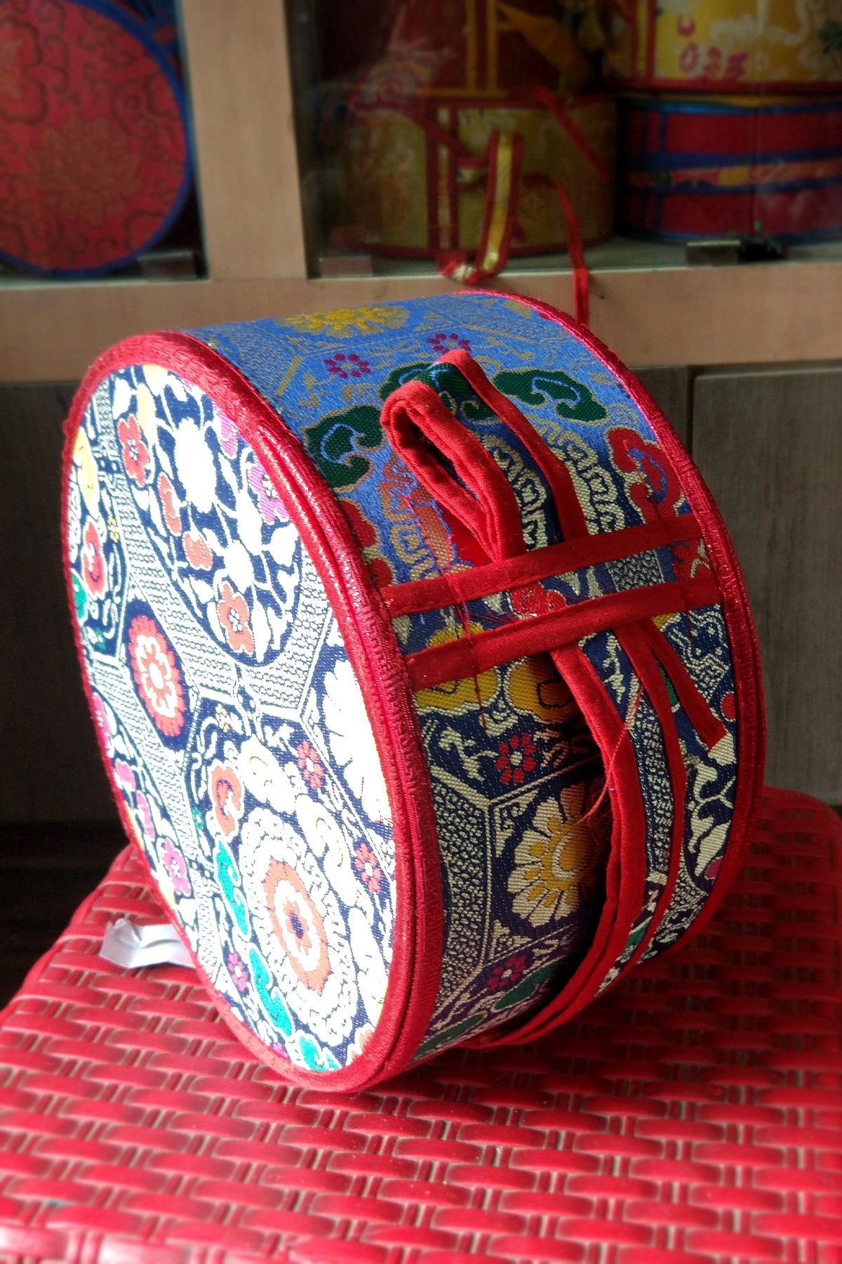 Tibetan Buddhist Handpainted Chod Drum/Damaru with red color cover