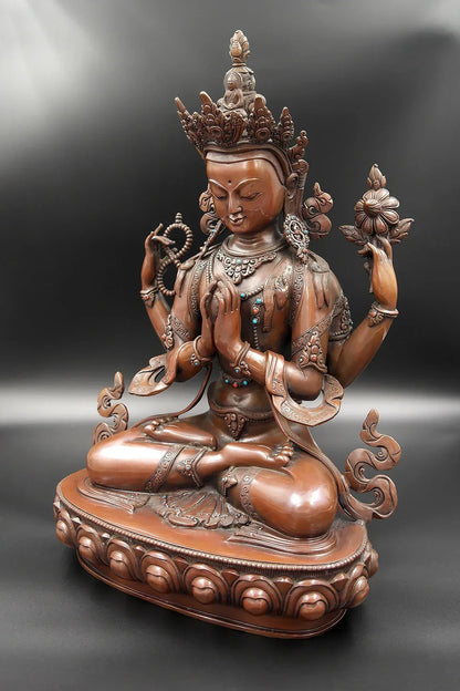 Fully Copper Oxidized Chenrezig Statue Top quality, 15" - Vajracrafts