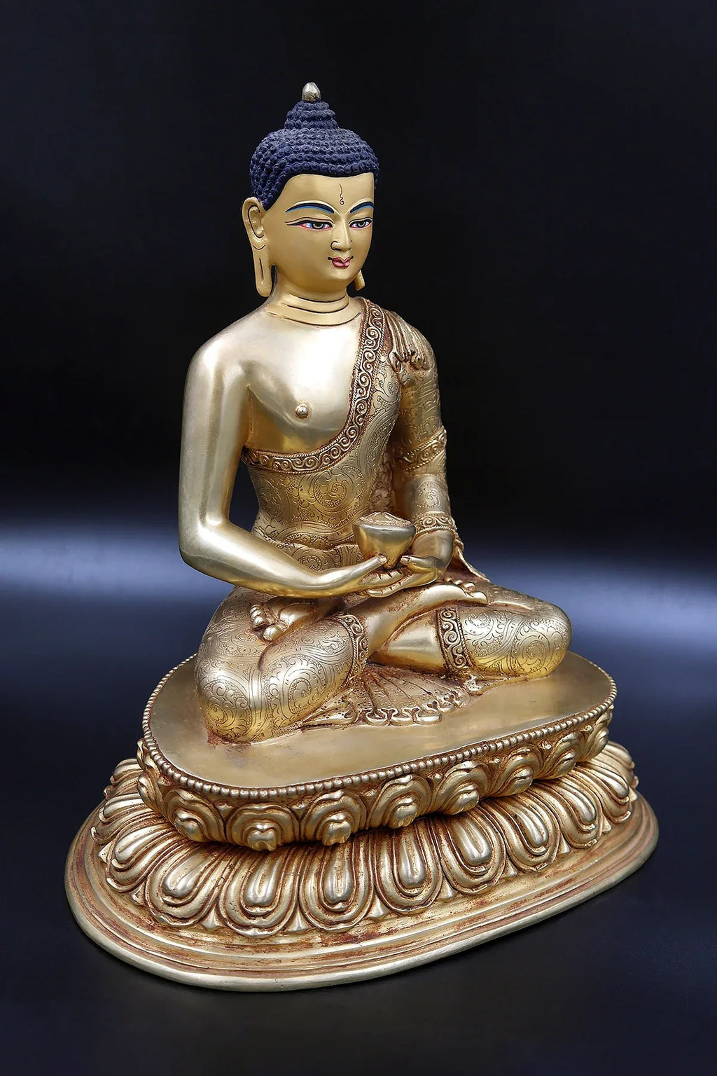 Floral Carved Amitabha Buddha Statue in double lotus 11" - Vajracrafts