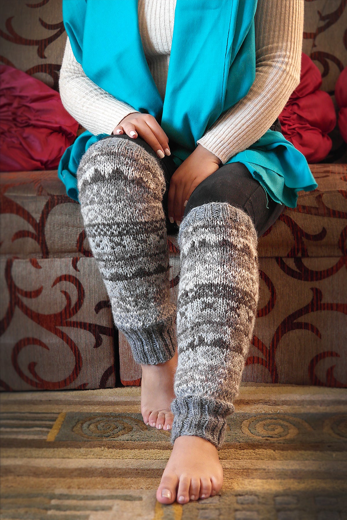 Brown grey mixed colors hand knitted woolen leg warmer