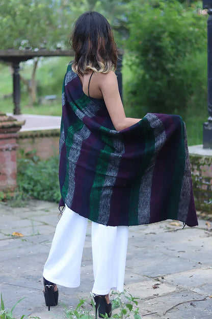 Handwoven Yak wool Shawl in Dark Brown, Green - Vajracrafts