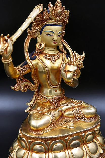 Golden Tibetan Manjushree Statue in double lotus 10" - Vajracrafts