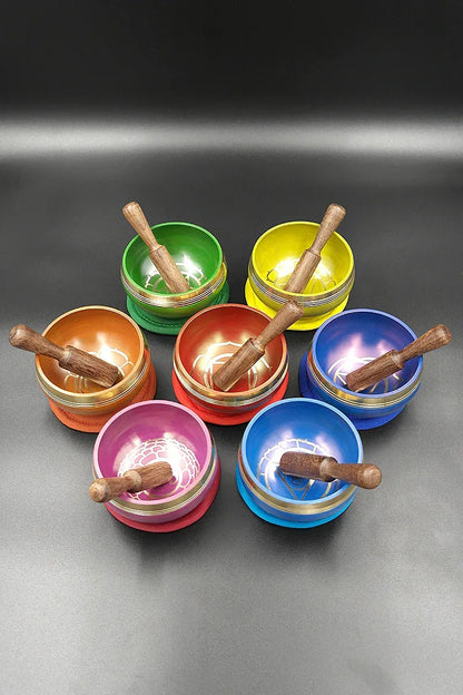 Seven Chakra Healing Singing Bowl Set From Nepal, 3.2" - Vajracrafts