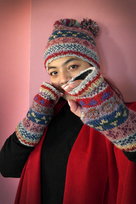 Women Wool Hand Warmers Fleece Lined Handknitted Bohemian Multicolored
