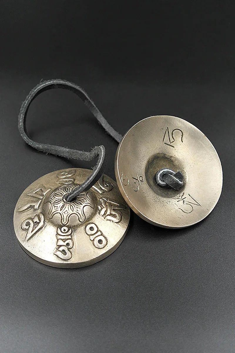 Om mane peme hum mantra embossed Tingsha 2.9" - Vajracrafts