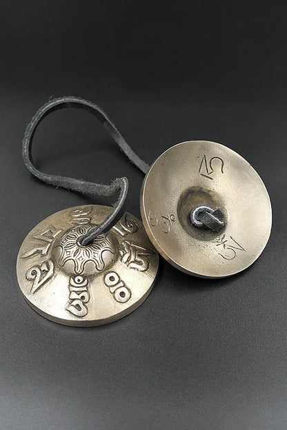 Om mane peme hum mantra embossed Tingsha 2.9" - Vajracrafts