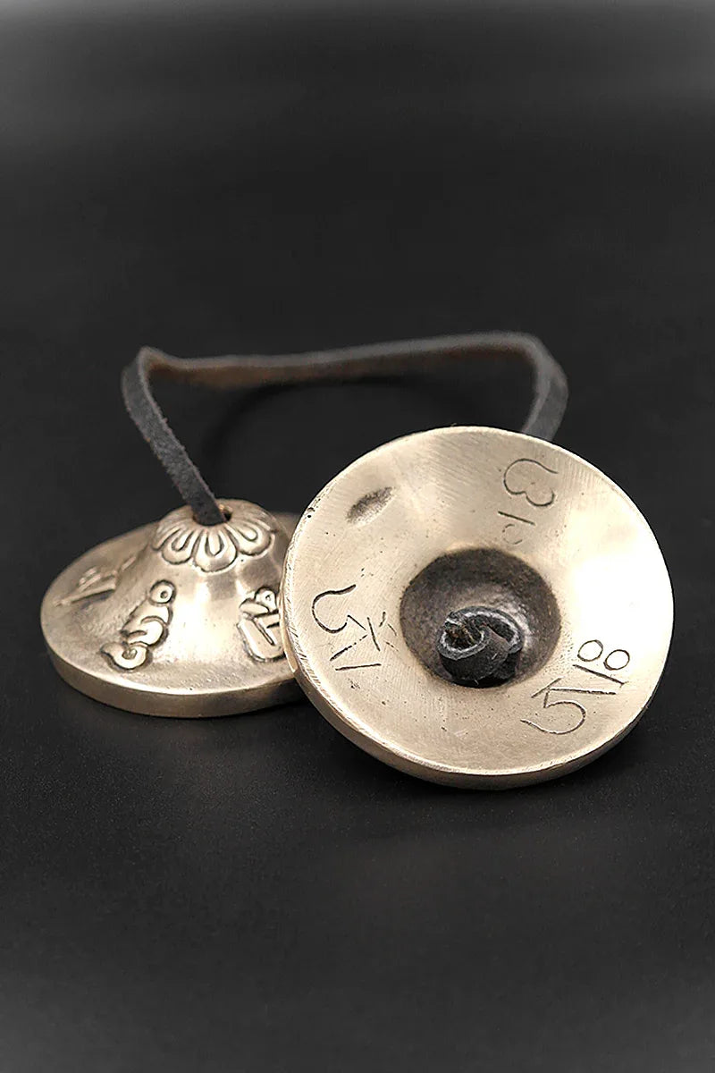 Om mane peme hum mantra embossed High-Quality Tingsha cymbal 2.2" - Vajracrafts
