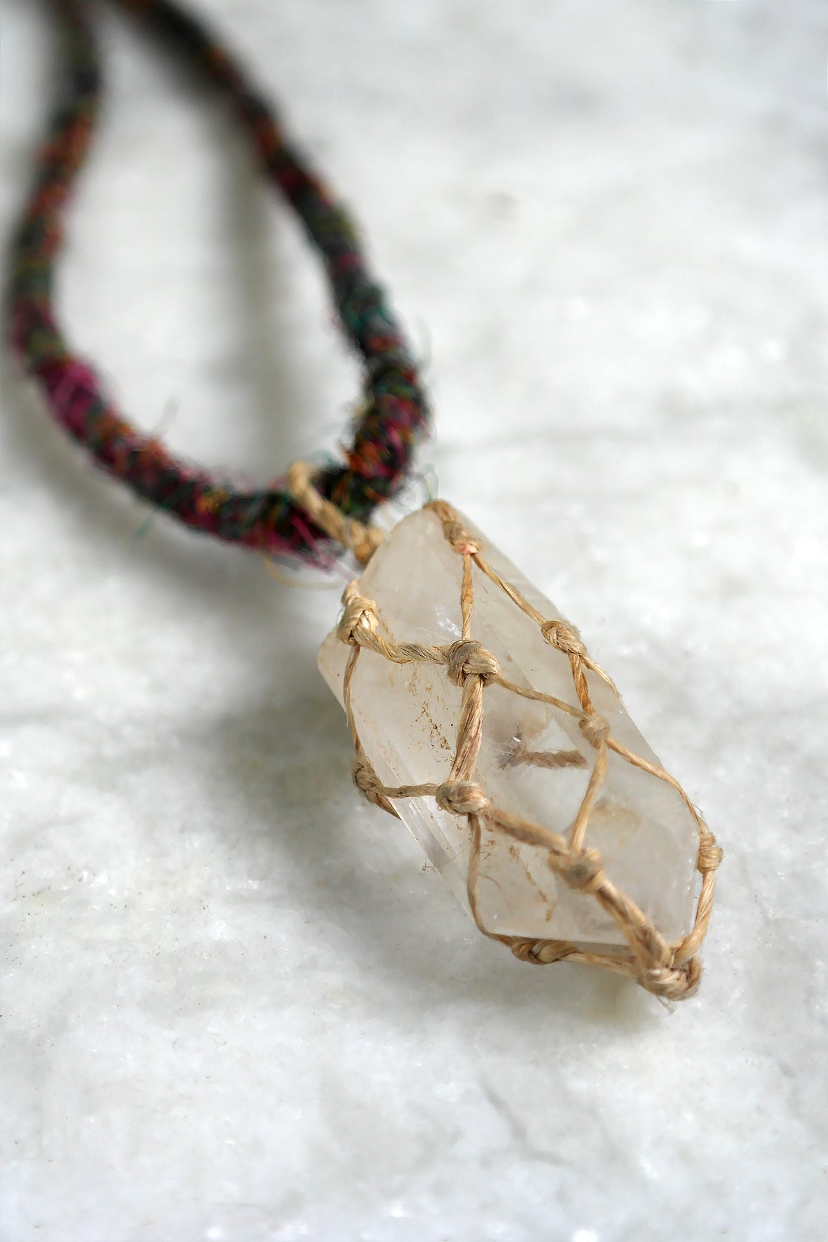 Clear Crystal Stone Pendant Necklace with Silk Cord