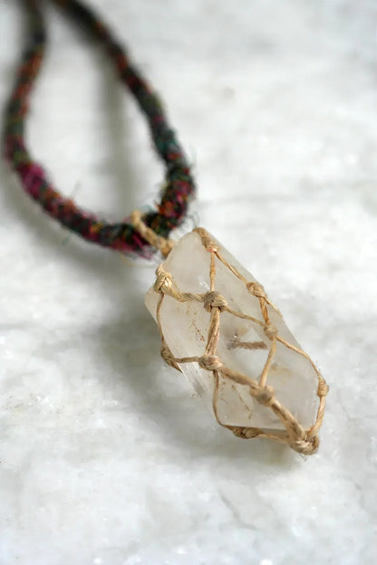 Clear Crystal Stone Pendant Necklace with Silk Cord - Vajracrafts