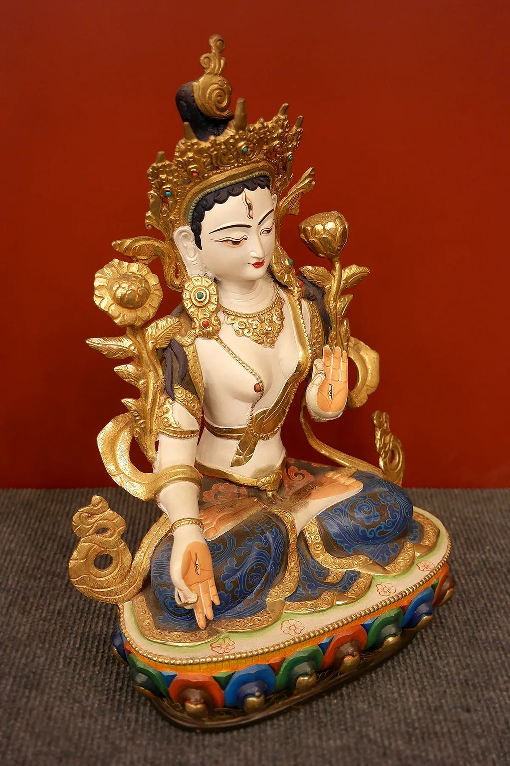 Hand Painted Tibetan Buddhist White Tara Statue, 13" - Vajracrafts