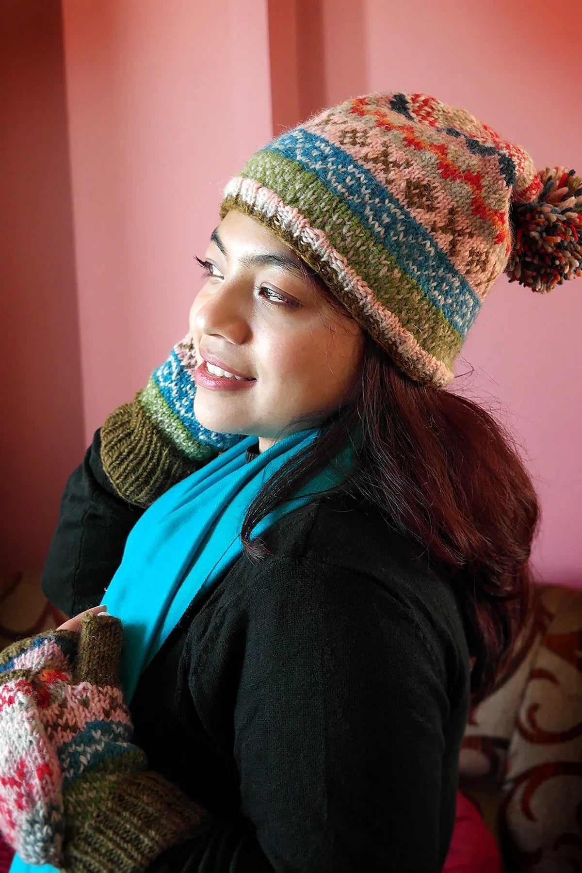 Womens Knit Winter Warm Pom Pom Beanie Hat Olive Green and Pink - Vajracrafts