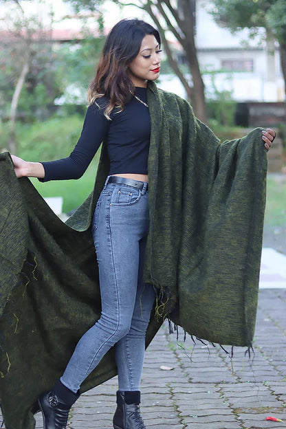Handmade Himalayan Yak Wool Shawl Deep Forest Green - Vajracrafts
