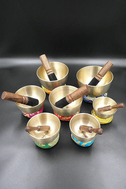 Tibetan Set of 7 Chakra Singing Bowl For Healing With Mallet & Cushion 3.2"-5.2" - Vajracrafts