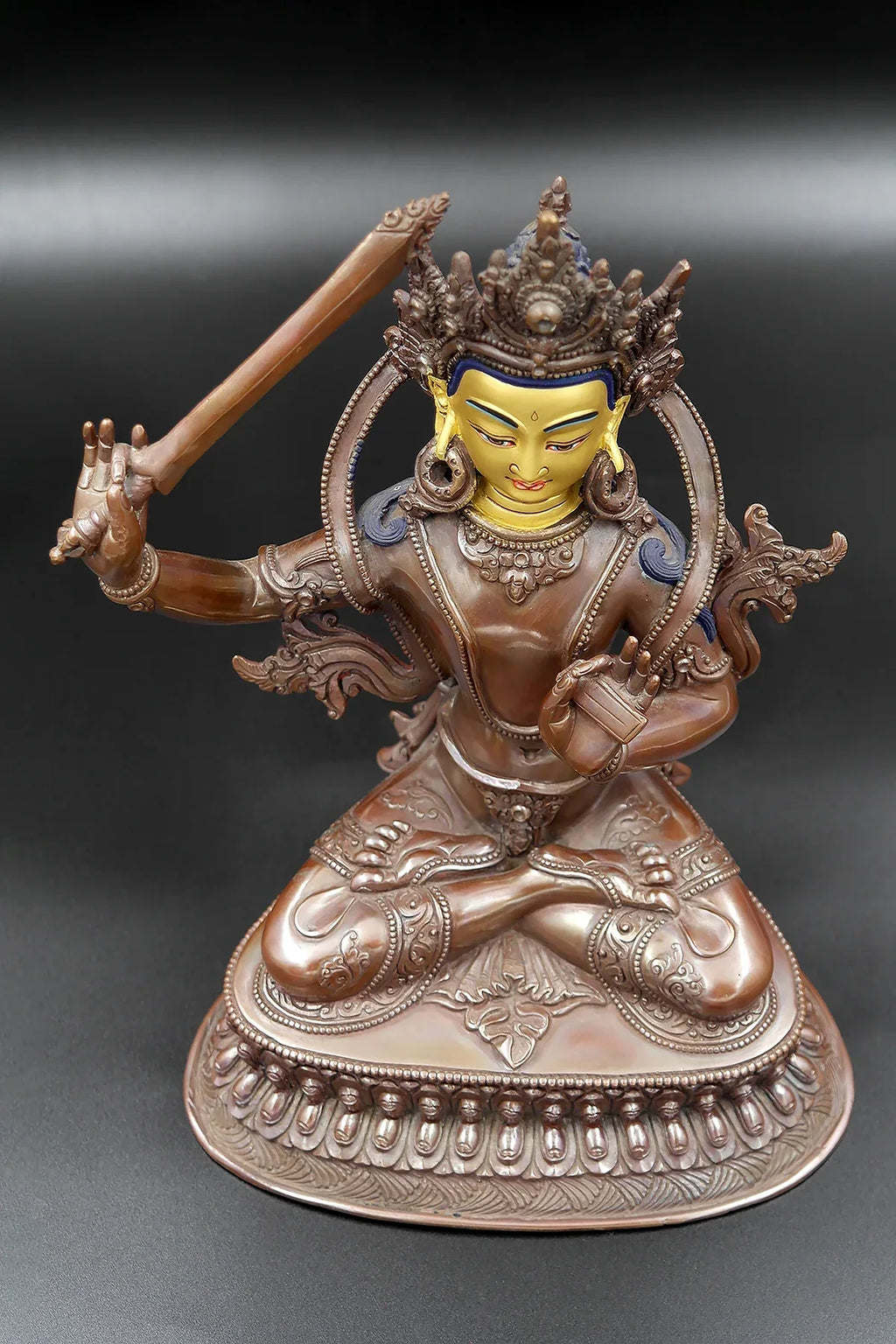 Copper Oxidized Tibetan Manjushree Statue from Nepal 8" - Vajracrafts