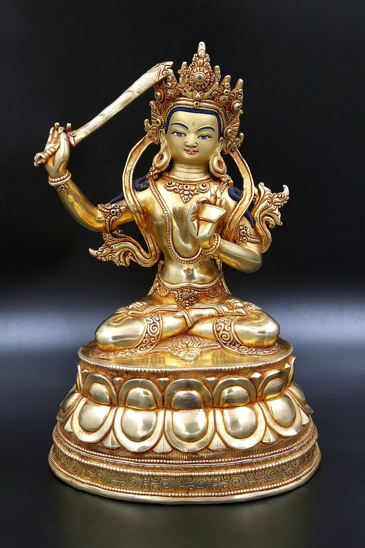 Golden Tibetan Manjushree Statue in double lotus 10"