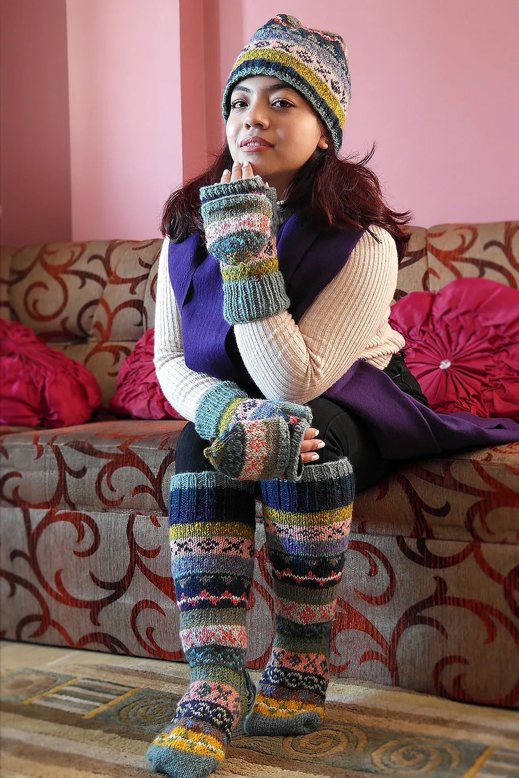 Blue Pink Yellow mixed color Woolen Knee High Socks - Vajracrafts