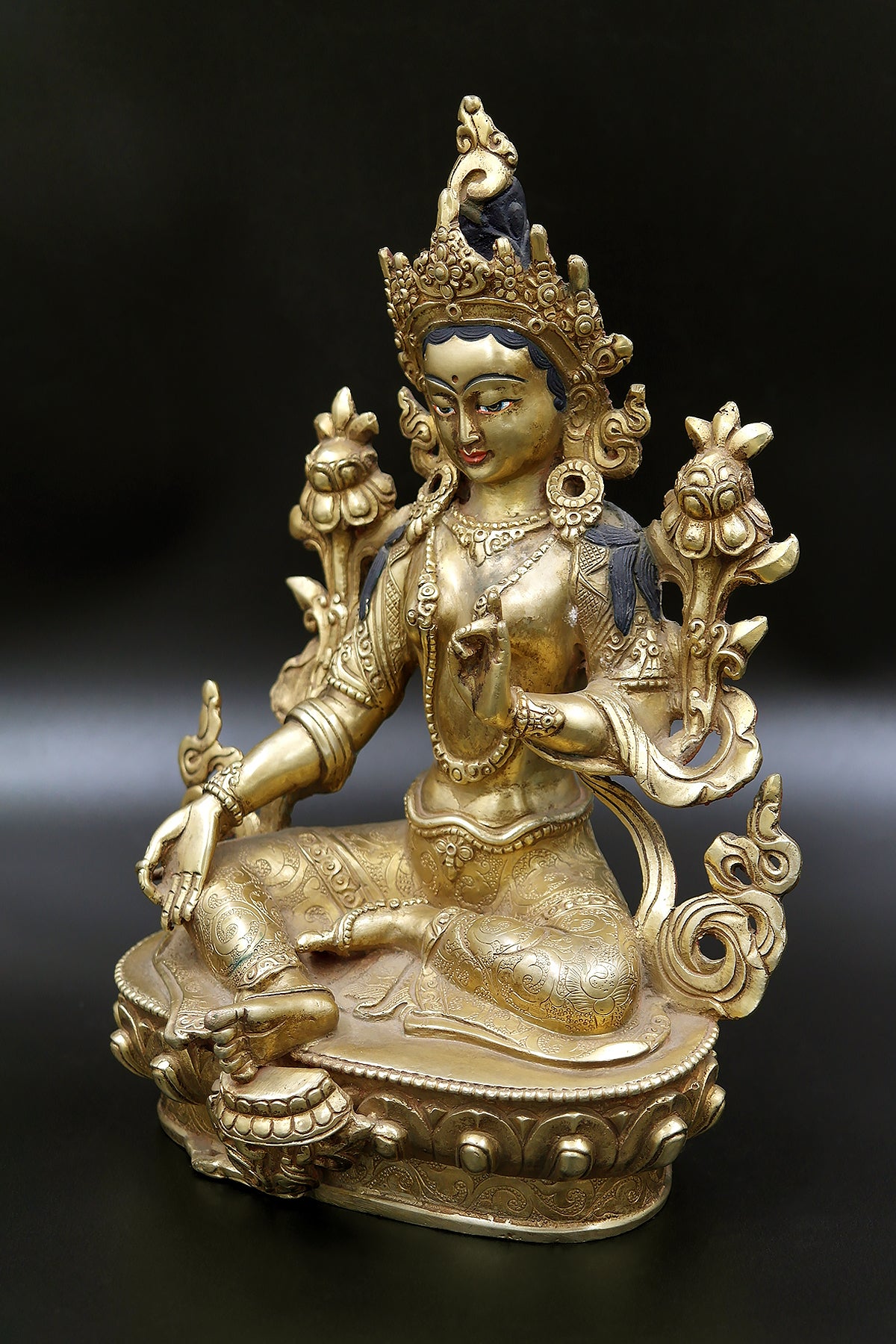 Fine carving Gold toned Green Tara statue from Nepal 9"