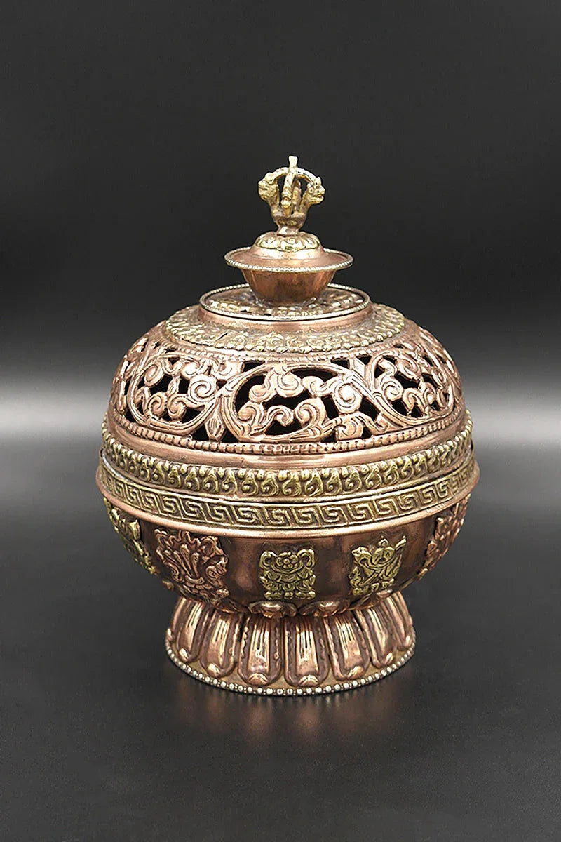 Eight Auspicious Symbols Round Shaped Copper Incense Burner - Vajracrafts