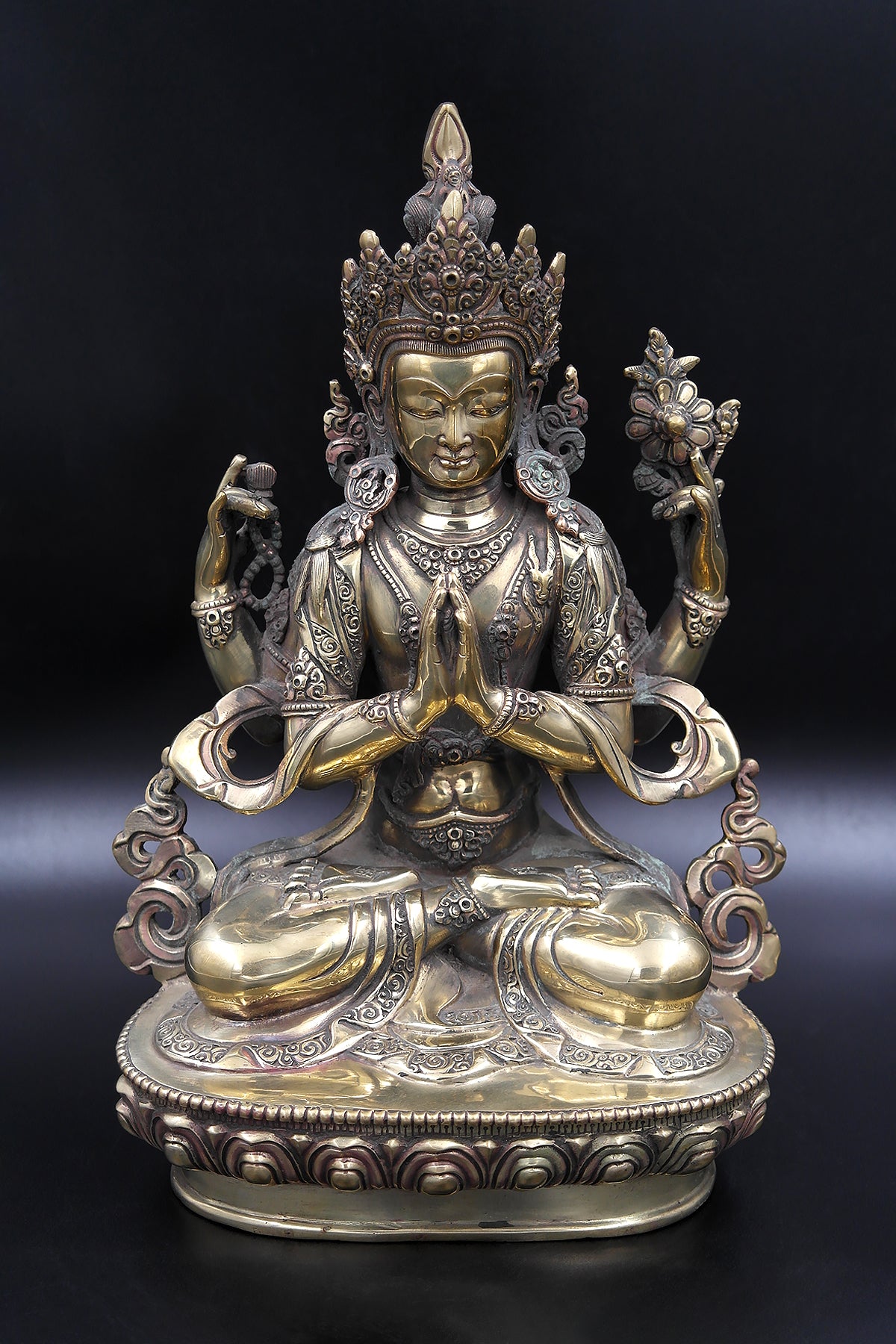 Gold Toned Tibetan Chenrezig Statue 12"