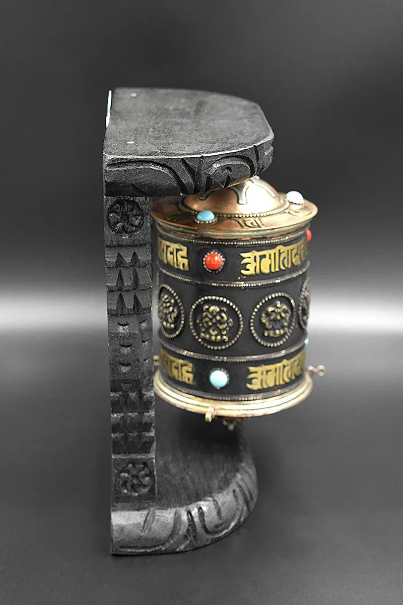 Eight Auspicious Symbols Buddhist Prayer Wheel in wooden frame - Vajracrafts