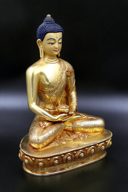 Floral Design carved Gold Plated Amitabh Buddha Statue from Nepal 9" - Vajracrafts