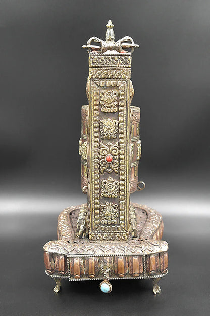 Tibetan Prayer Wheel with Eight Auspicious symbols in Stupa Frame - Vajracrafts