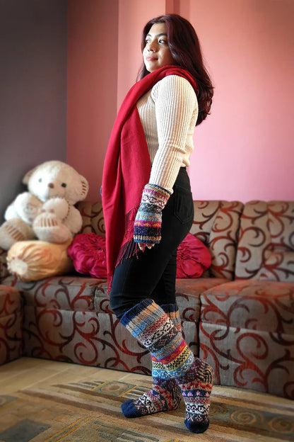 Blue Pink mixed color Woolen Knee High Socks - Vajracrafts