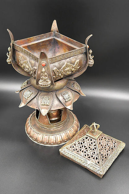 Lotus design with 8 Auspicious symbols copper incense burner - Vajracrafts