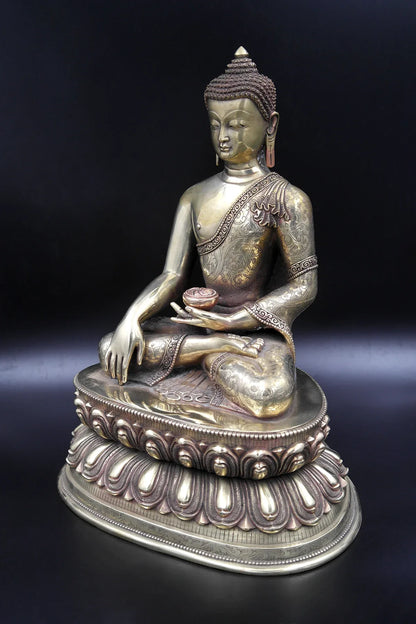 Hand Carved Shakyamuni Buddha Statue double Lotus, 12.5" - Vajracrafts