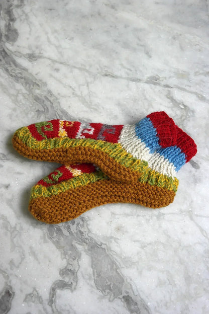 Red White and light blue mixed colors waves pattern woolen ankle socks - Vajracrafts