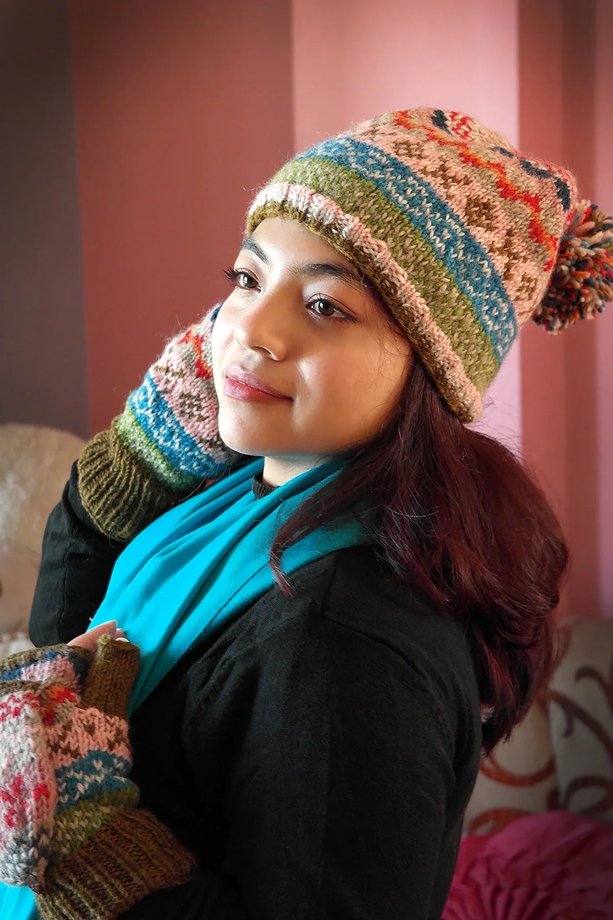 Womens Knit Winter Warm Pom Pom Beanie Hat Olive Green and Pink - Vajracrafts