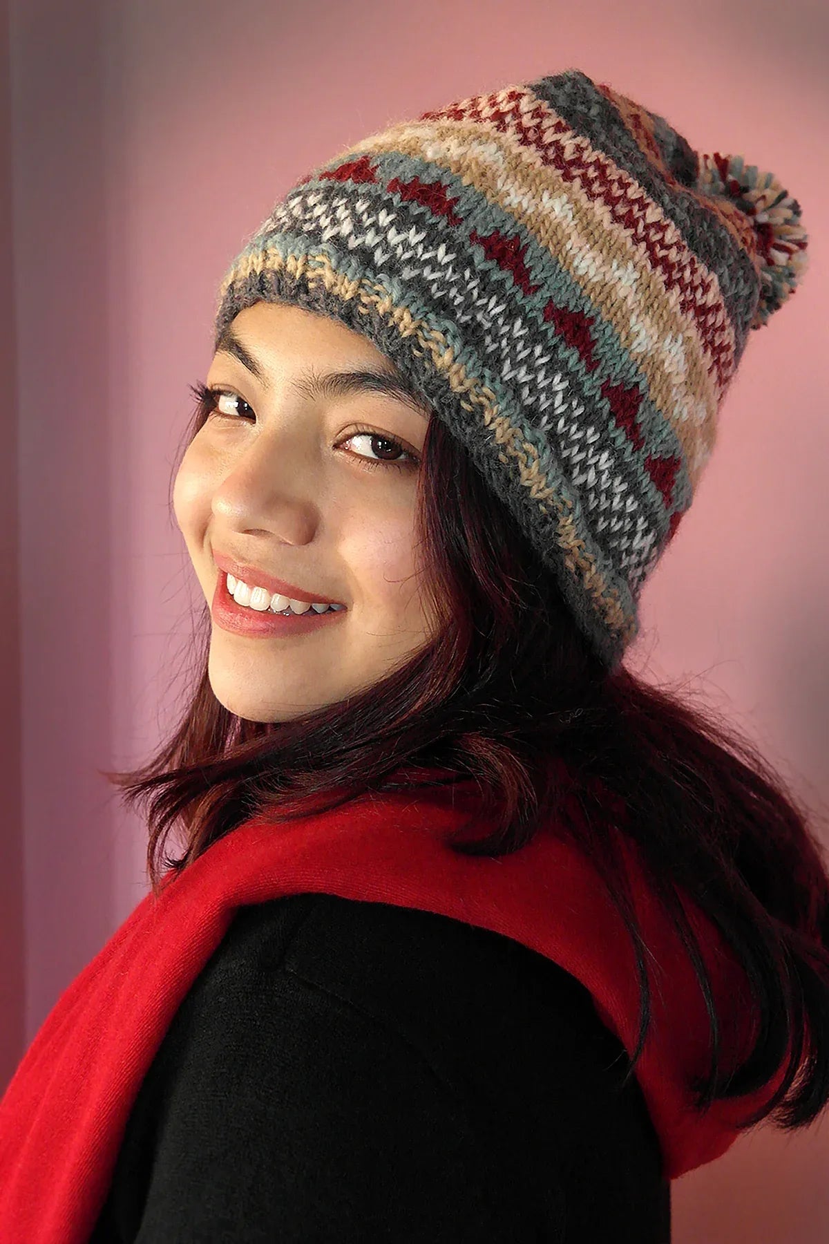 Womens Knit Winter Warm Pom Pom Beanie Hat Grey Maroon - Vajracrafts