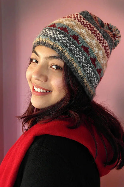 Womens Knit Winter Warm Pom Pom Beanie Hat Grey Maroon - Vajracrafts