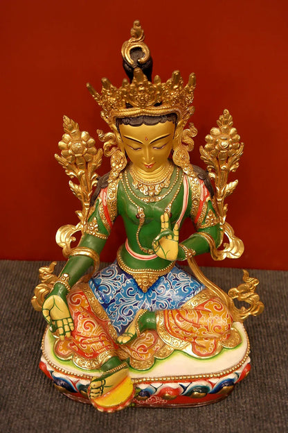 Hand Painted Green Tara Statue from Boudha, 13" - Vajracrafts