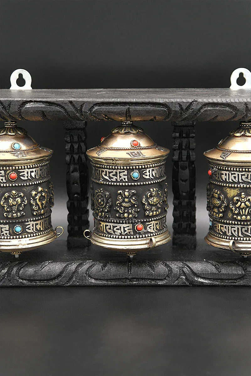 Tibetan Buddhist Prayer Wheels in Wooden Frame - Vajracrafts