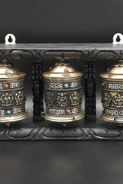 Tibetan Buddhist Prayer Wheels in Wooden Frame - Vajracrafts