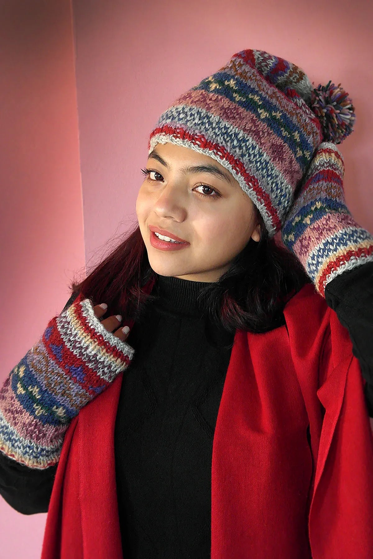 Womens Knit Winter Warm Pom Pom Beanie Hat Grey Blue mixed - Vajracrafts