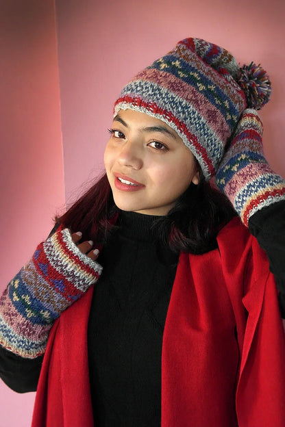 Womens Knit Winter Warm Pom Pom Beanie Hat Grey Blue mixed - Vajracrafts