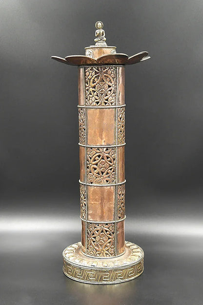 Cylindrical Shape Copper incense burner with Buddha on top 13.5" - Vajracrafts