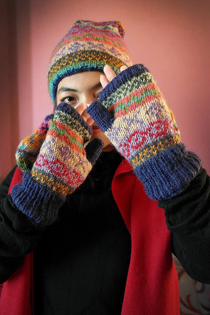 Blue green mixed colored woolen gloves/mittens - Vajracrafts