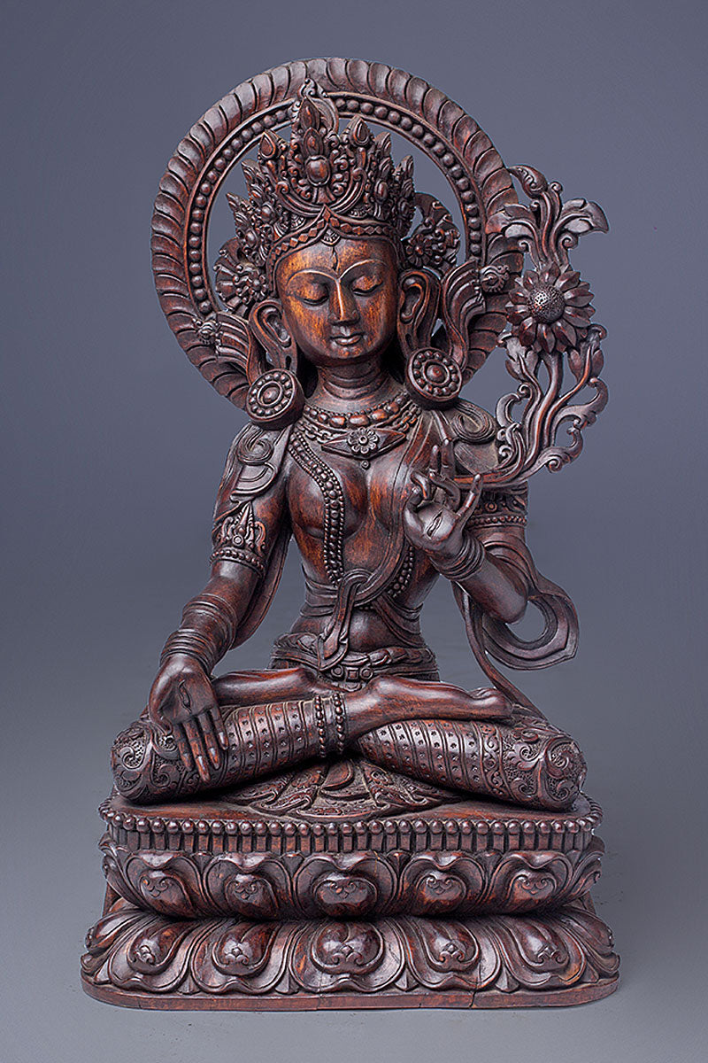 Tibetan White Tara Statue, Masterpiece Buddhist Wooden statue from Nepal